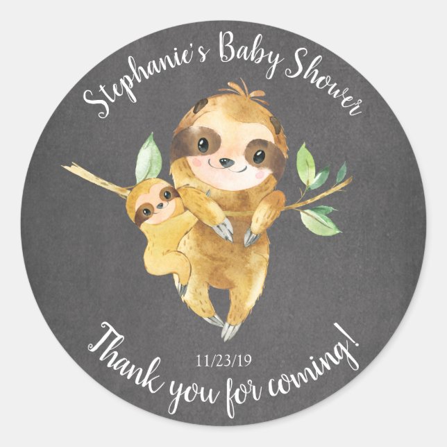 Chalkboard Sloth Baby Shower Favor Sticker (Front)