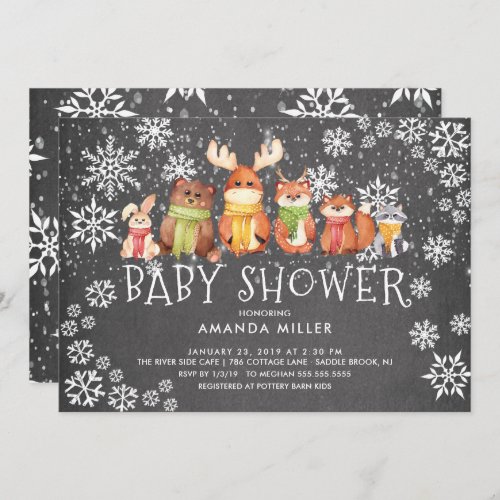 Chalkboard Snowflake Woodland Animals Baby Shower Invitation