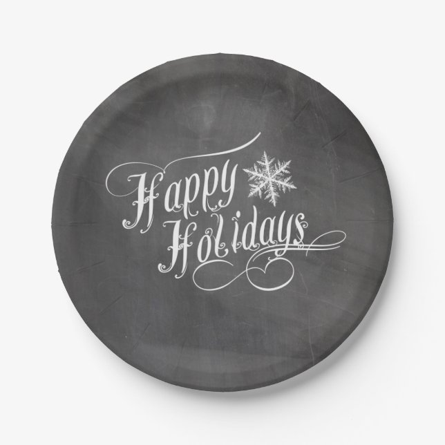 Chalkboard Snowflakes | Happy Holidays Paper Plates (Front)