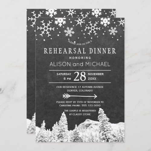 Chalkboard snowflakes winter rehearsal dinner invitation