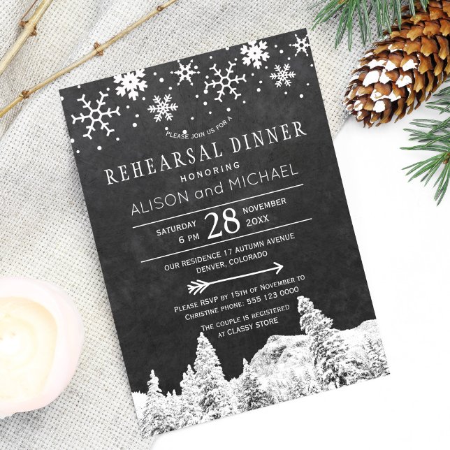 Chalkboard snowflakes winter rehearsal dinner invitation (Creator Uploaded)