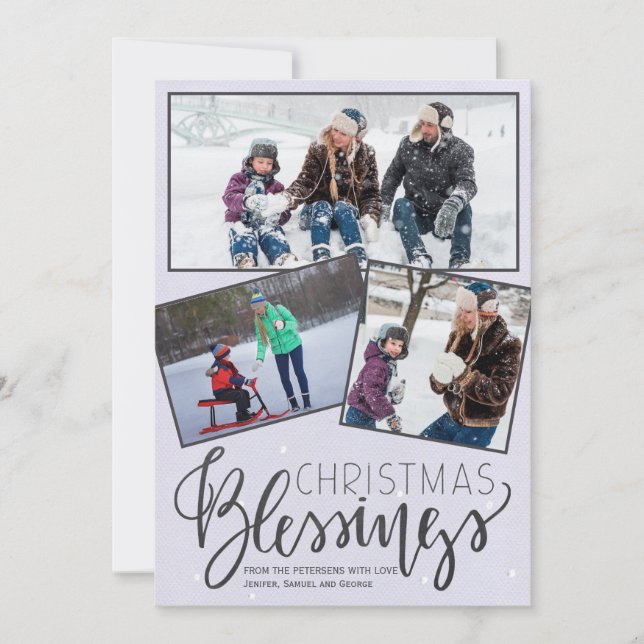 Chalkboard snowing Christmas blessings 3 photos Holiday Card (Front)