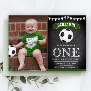 Chalkboard Soccer 1st First Birthday Party Photo Invitation