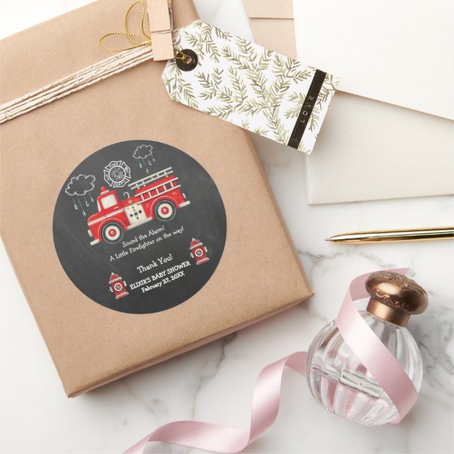 Chalkboard Sound the Alarm! Firetruck Baby Shower Classic Round Sticker (Gifting)