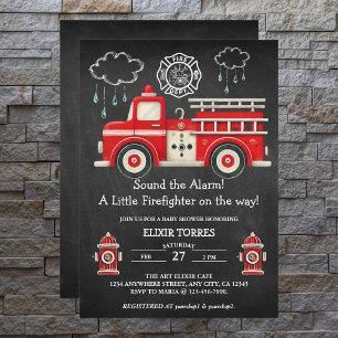 Chalkboard Sound the Alarm! Firetruck Baby Shower Invitation