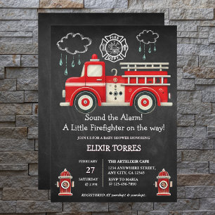 Chalkboard Sound the Alarm! Firetruck Baby Shower Invitation