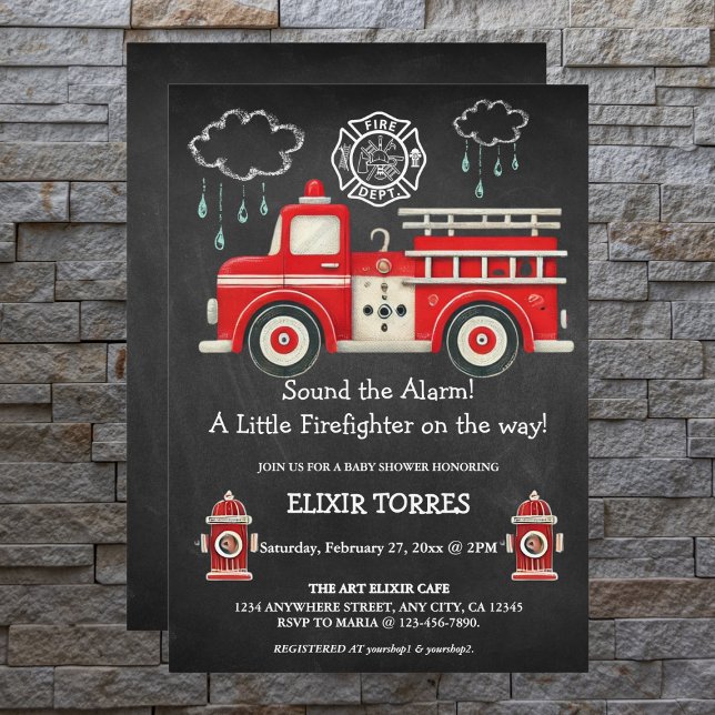 Chalkboard Sound the Alarm! Firetruck Baby Shower Invitation (Creator Uploaded)