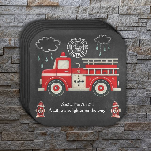 Chalkboard Sound the Alarm! Firetruck Baby Shower Paper Plates (Creator Uploaded)