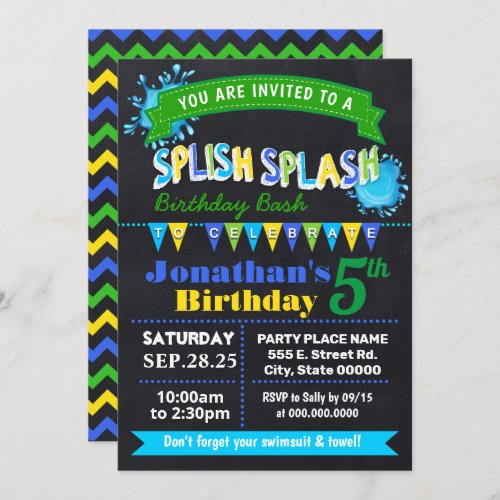Chalkboard Splish splash birthday bash blue party Invitation