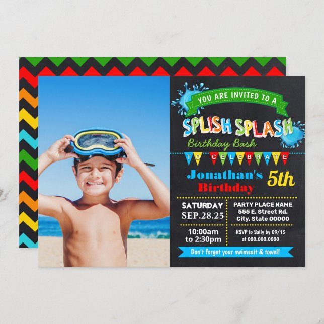Chalkboard Splish splash birthday bash party Invitation (Front/Back)
