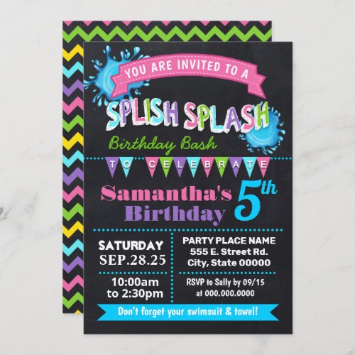 Chalkboard Splish splash birthday bash pink party Invitation