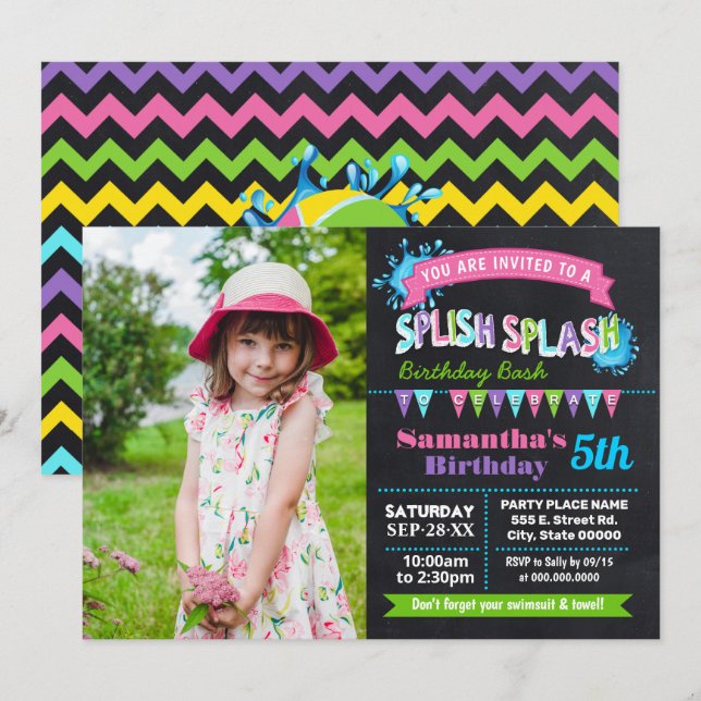 Chalkboard Splish splash birthday bash pink photo Invitation (Front/Back)