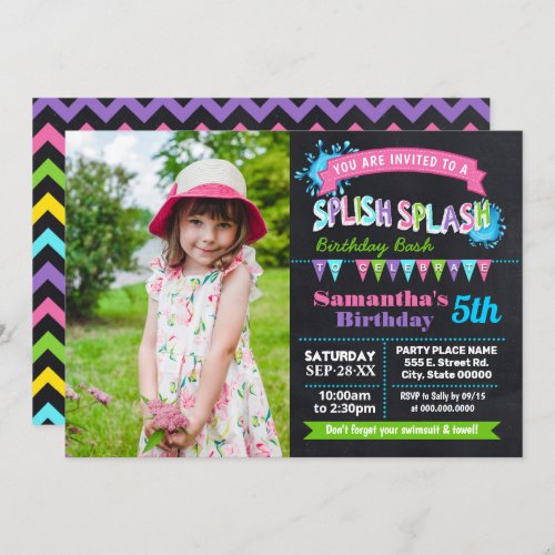 Chalkboard Splish splash birthday bash pink photo Invitation