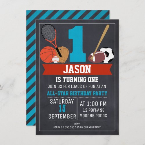 Chalkboard Sports 1st Birthday Party Invitation