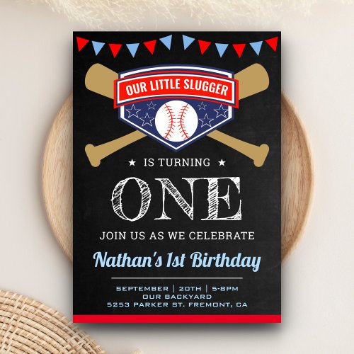 Chalkboard Sports Baseball 1st Birthday Party Invitation