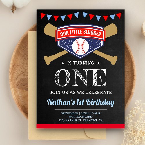 Chalkboard Sports Baseball 1st Birthday Party Invitation Postcard