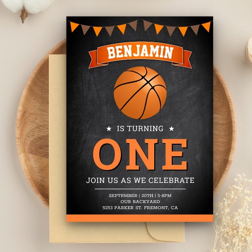 Chalkboard Sports Basketball 1st Birthday Party Invitation