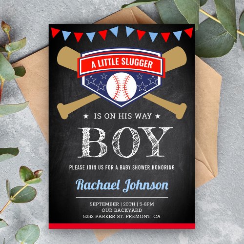 Chalkboard Sports Boy Baseball Baby Shower Invitation