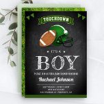 Chalkboard Sports Boy Football Baby Shower Invitation<br><div class="desc">Amaze your guests with this football theme baby shower invite featuring an american football and a sports helmet with modern typography against a chalkboard background. Simply add your event details on this easy-to-use template to make it a one-of-a-kind invitation. Flip the card over to reveal a beautiful green grass texture...</div>