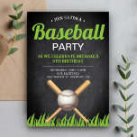 Chalkboard Sports Kids Baseball Birthday Party Invitation<br><div class="desc">Invite your guests with this cool baseball theme birthday party invitation featuring crossed bats and a baseball with modern typography against a chalkboard background. Simply add your event details on this easy-to-use template to make it a one-of-a-kind invitation. Flip the card over to reveal a beautiful green grass texture on...</div>