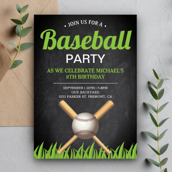 Chalkboard Sports Kids Baseball Birthday Party Invitation by ShabzDesigns at Zazzle