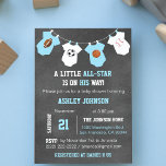 Chalkboard Sports Little ALL-STAR Baby Shower Invitation<br><div class="desc">Awesome and unique sports theme little ALL-STAR baby shower invitations for boys.  Football,  soccer,  basketball and baseball on chalkboard background and hanging baby jumpsuits.  Blue and white colors.  Editable text. Get matching stickers!</div>