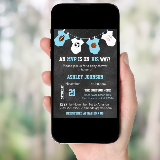 Chalkboard Sports Theme Baby Shower Invitations (Front Digital)