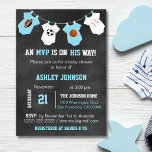 Chalkboard Sports Theme Baby Shower Invitations<br><div class="desc">Awesome and unique sports theme baby shower invitations for boys.  Football,  soccer,  basketball and baseball on chalkboard background and hanging baby jumpsuits.  Blue and white colors.  Invitation templates. Editable text. Get matching stickers!</div>