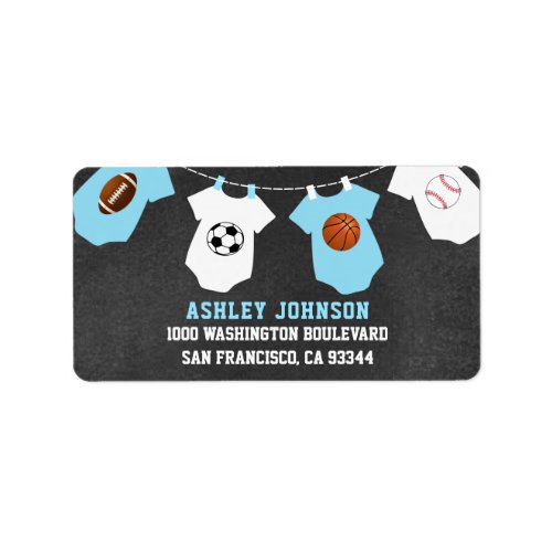 Chalkboard Sports Theme Blue Boy Baby Shower Label