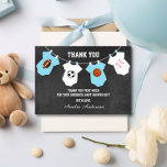 Chalkboard Sports Theme THANK YOU baby shower<br><div class="desc">Lovely thank you note cards for a sports theme baby shower.  Chalkboard background with hanging baby clothes with football,  soccer,  basketball and baseball.  Blue turquoise and white colors.  Get matching items in collection "SPORTS THEME BABY SHOWER"</div>
