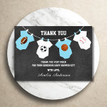 Chalkboard Sports Theme THANK YOU baby shower<br><div class="desc">Lovely thank you note cards for a sports theme baby shower. Chalkboard background with hanging baby clothes with football, soccer, basketball and baseball. Blue turquoise and white colors. BACK OF CARD is WHITE - so you can add an additional handwritten personal note! Get matching items in collection "SPORTS THEME BABY...</div>