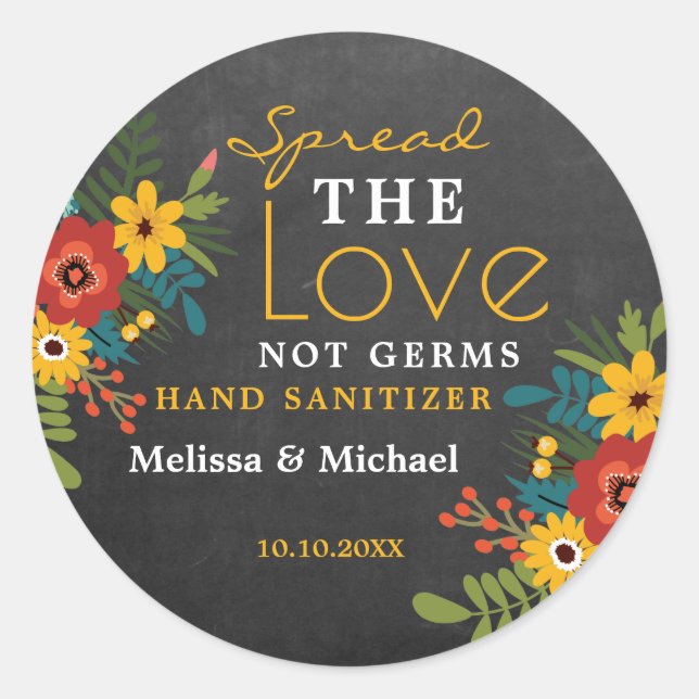Chalkboard Spread Love Hand Sanitizer Wedding Classic Round Sticker (Front)