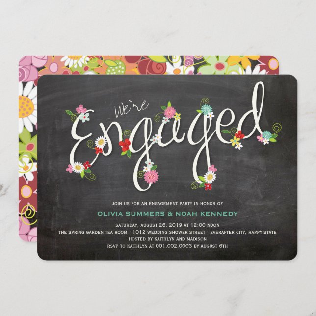 Chalkboard Spring Flowers Chic Engagement Party Invitation (Front/Back)
