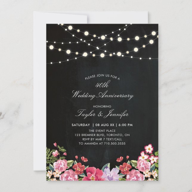Chalkboard & String Lights 40 Wedding Anniversary Invitation (Front)