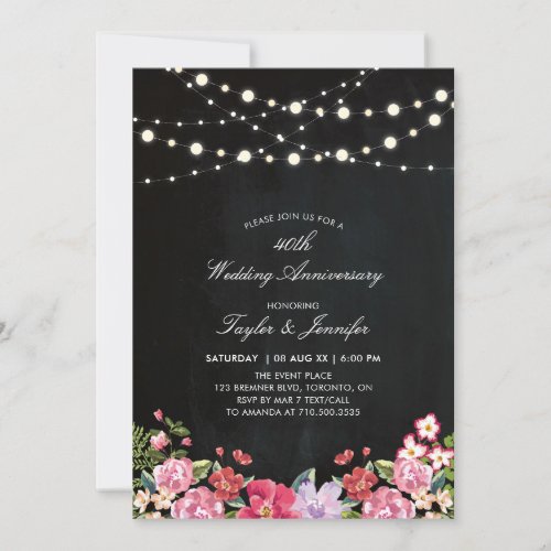 Chalkboard  String Lights 40 Wedding Anniversary Invitation