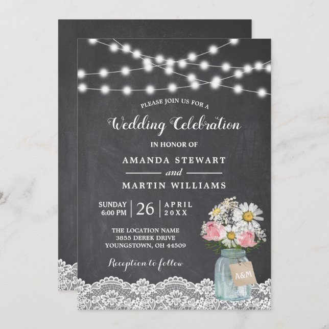 Chalkboard String Lights Baby's Breath Wedding Invitation (Front/Back)