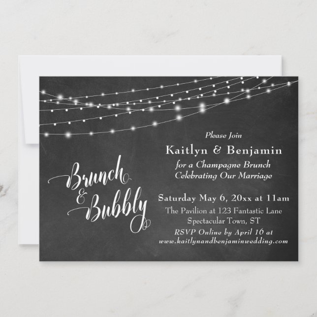 Chalkboard String Lights Brunch & Bubbly Script Invitation (Front)