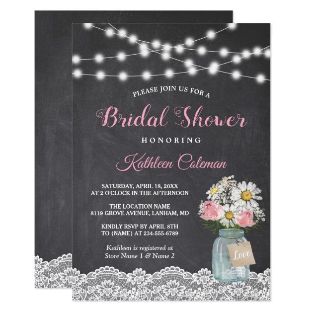 Chalkboard String Lights Floral Jar Bridal Shower Invitation