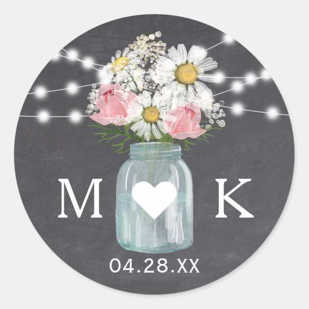 Chalkboard String Lights Flowers Wedding Favor Classic Round Sticker