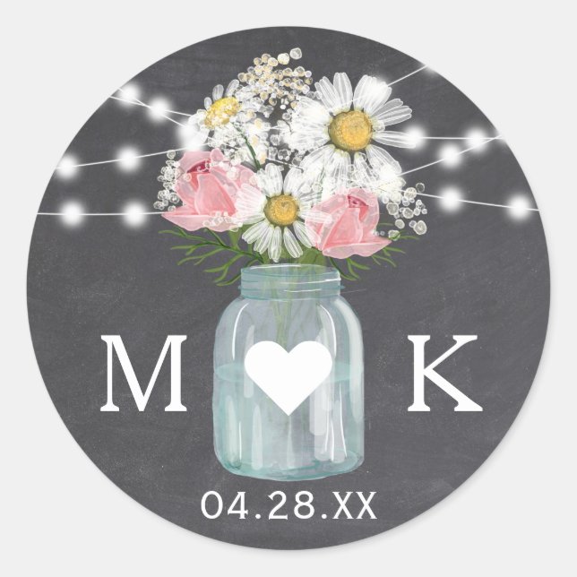 Chalkboard String Lights Flowers Wedding Favor Classic Round Sticker (Front)