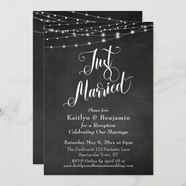 Chalkboard String Lights Just Married Reception Invitation (Front/Back)