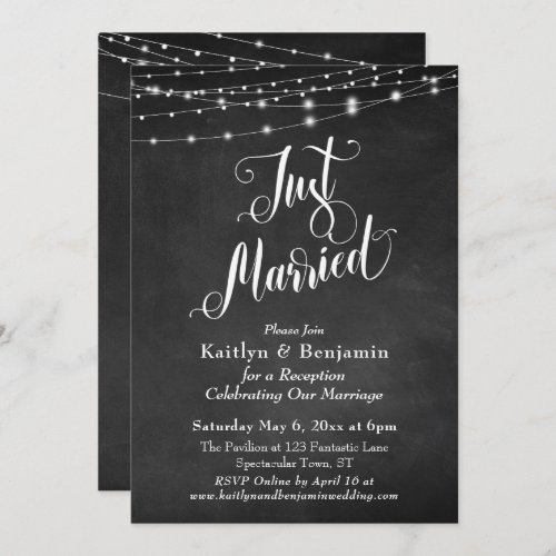 Chalkboard String Lights Just Married Reception Invitation