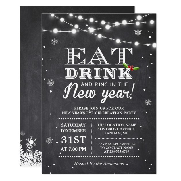 Chalkboard String Lights Ring In New Year's Party Invitation