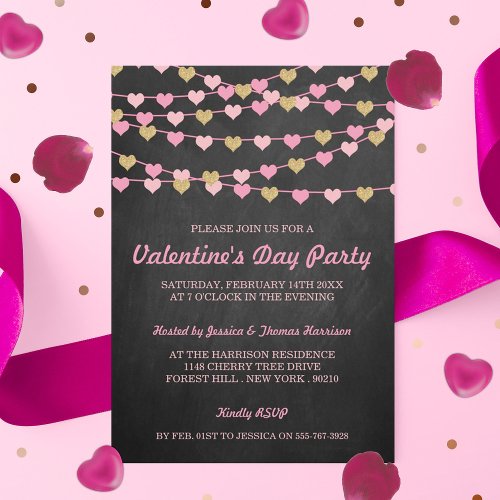 Chalkboard String Love Heart Valentines Day Party Invitation