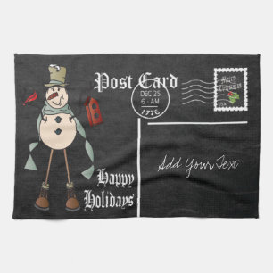 Chalkboard Style Blue Snowman Postcard Design Kitchen Towel