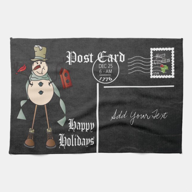 Chalkboard Style Blue Snowman Postcard Design Kitchen Towel (Horizontal)