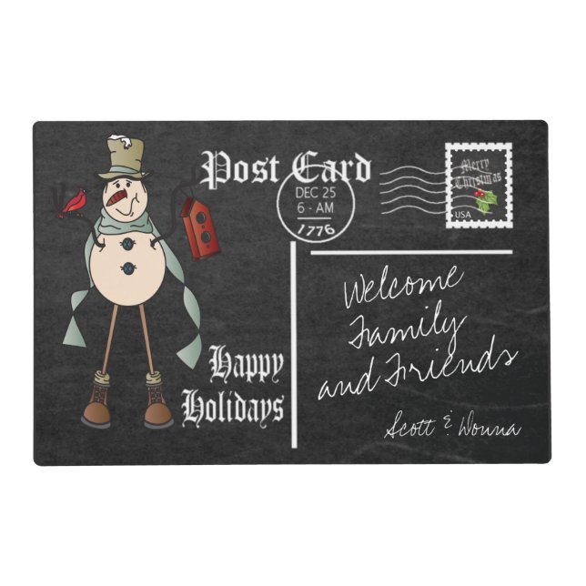 Chalkboard Style Blue Snowman Postcard Design  Placemat (Front)