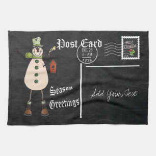 Chalkboard Style Green Snowman Postcard Design Kitchen Towel