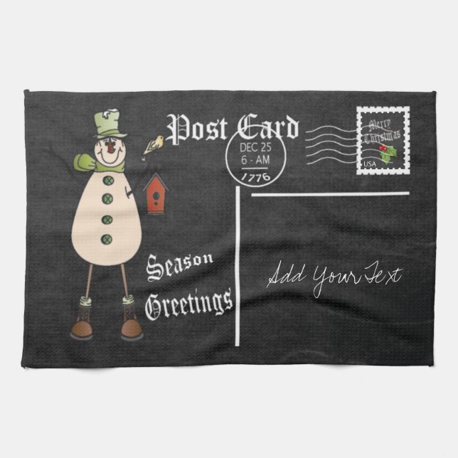 Chalkboard Style Green Snowman Postcard Design Kitchen Towel (Horizontal)