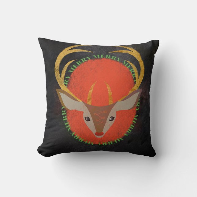 Chalkboard Style Merry Reindeer Throw Pillow (Front)